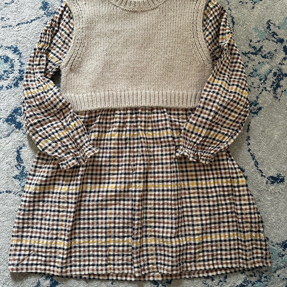 Plaid Kids Dress with Knit Vest Overlay